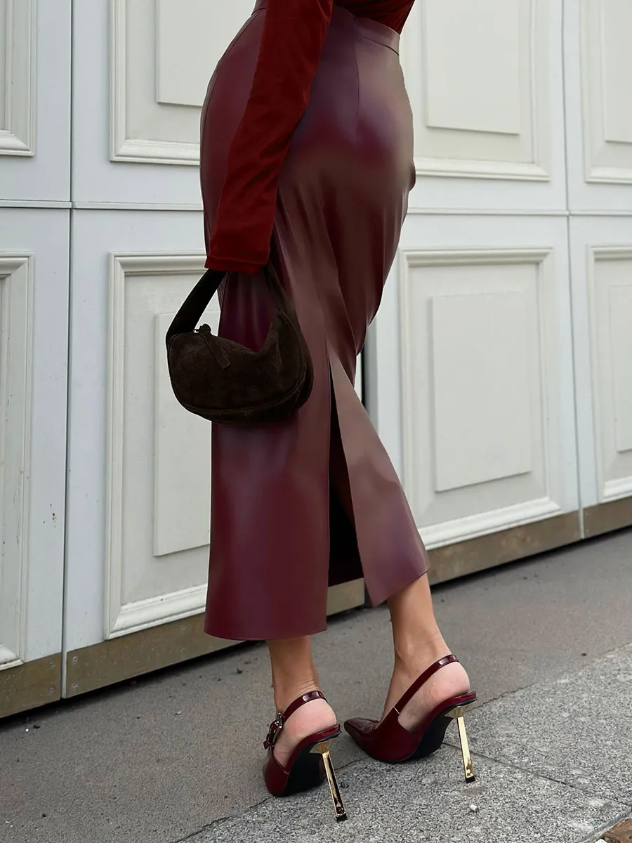 Slit hip-wrap PU Leather Skirt